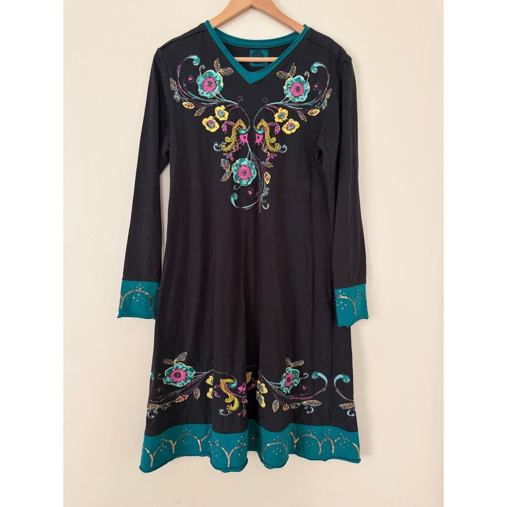 Double D Ranch Dress Embellished Beading Hand Painted Cotton Black Teal Boho M